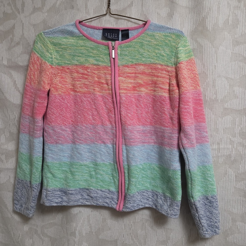 Liz Claiborne Crazy Horse M  Rainbow Knit Stripe Zip Cardigan Sweater Y2K Indie